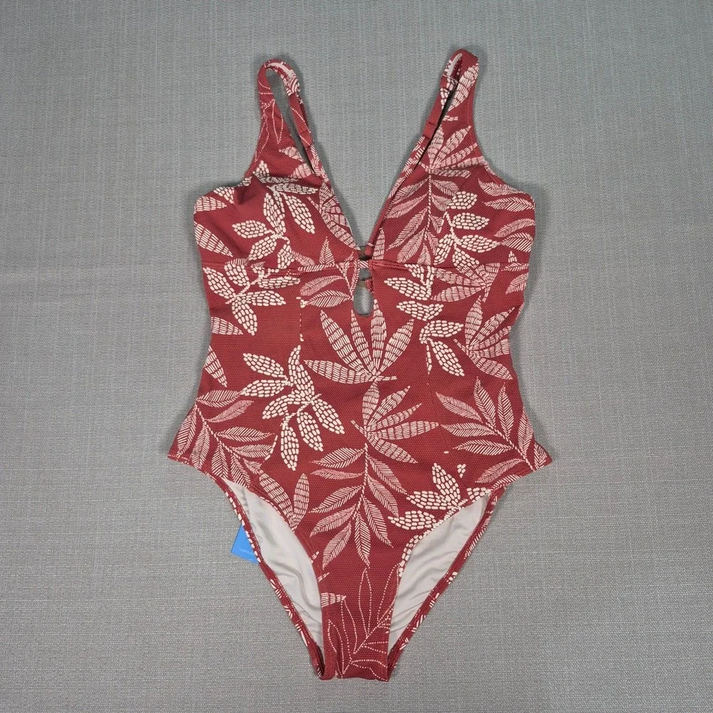 Cupshe‎ Womens Rust Tropical Leaf Print One Piece Swimsuit Cutout V-Neck Size L